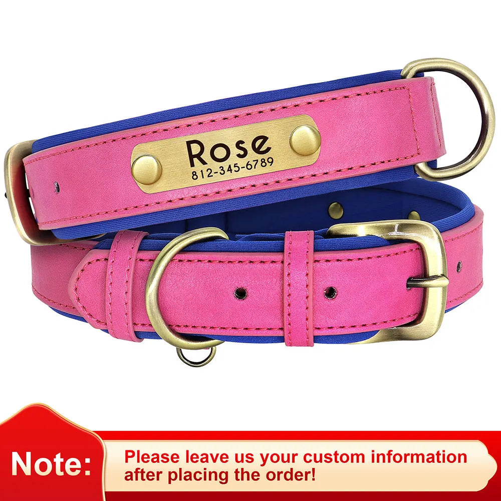 Custom PU Leather Dog Collar with Engraved Nameplate Adjustable Padded