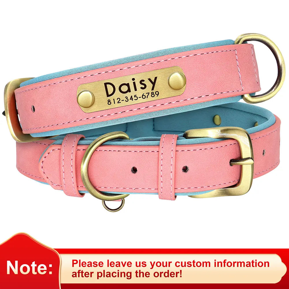 Custom PU Leather Dog Collar with Engraved Nameplate Adjustable Padded