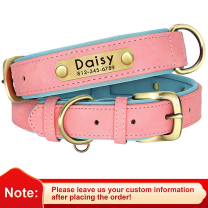 Custom PU Leather Dog Collar with Engraved Nameplate Adjustable Padded