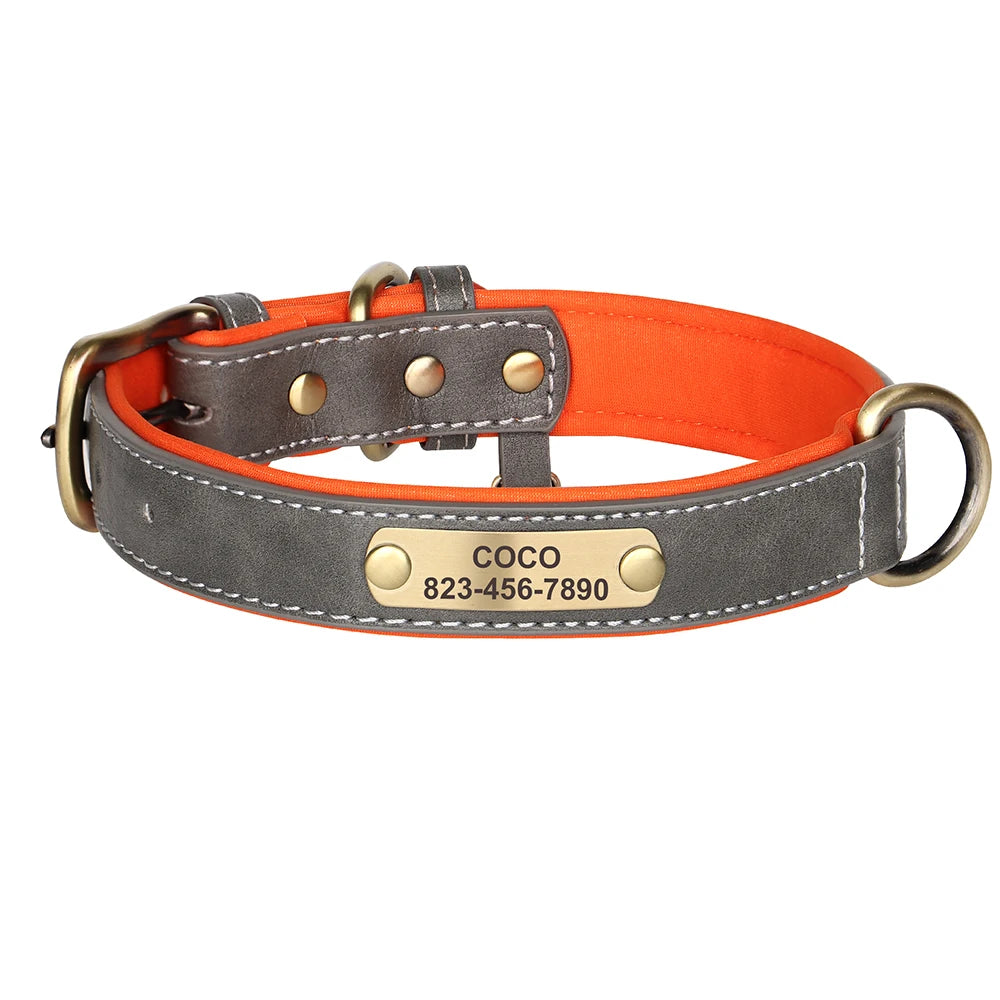 Personalized PU Leather Dog Collar with Engraved ID Nameplate Padded