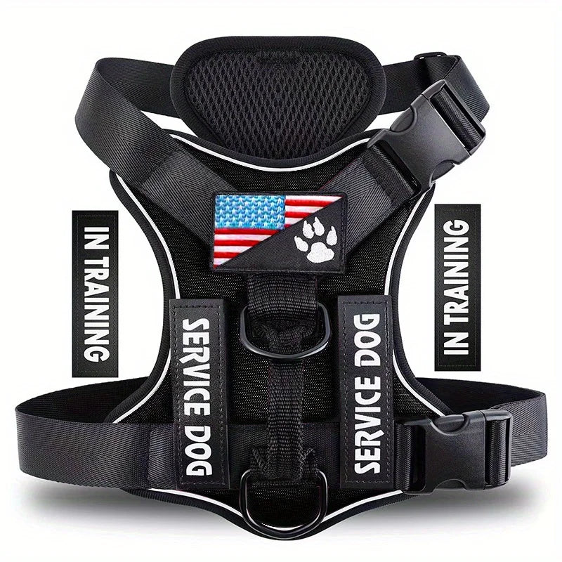 Adjustable Reflective Service Dog Harness Vest with 5 Patches Mesh