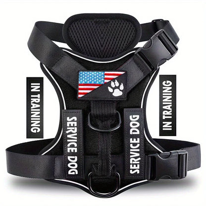 Adjustable Reflective Service Dog Harness Vest with 5 Patches Mesh