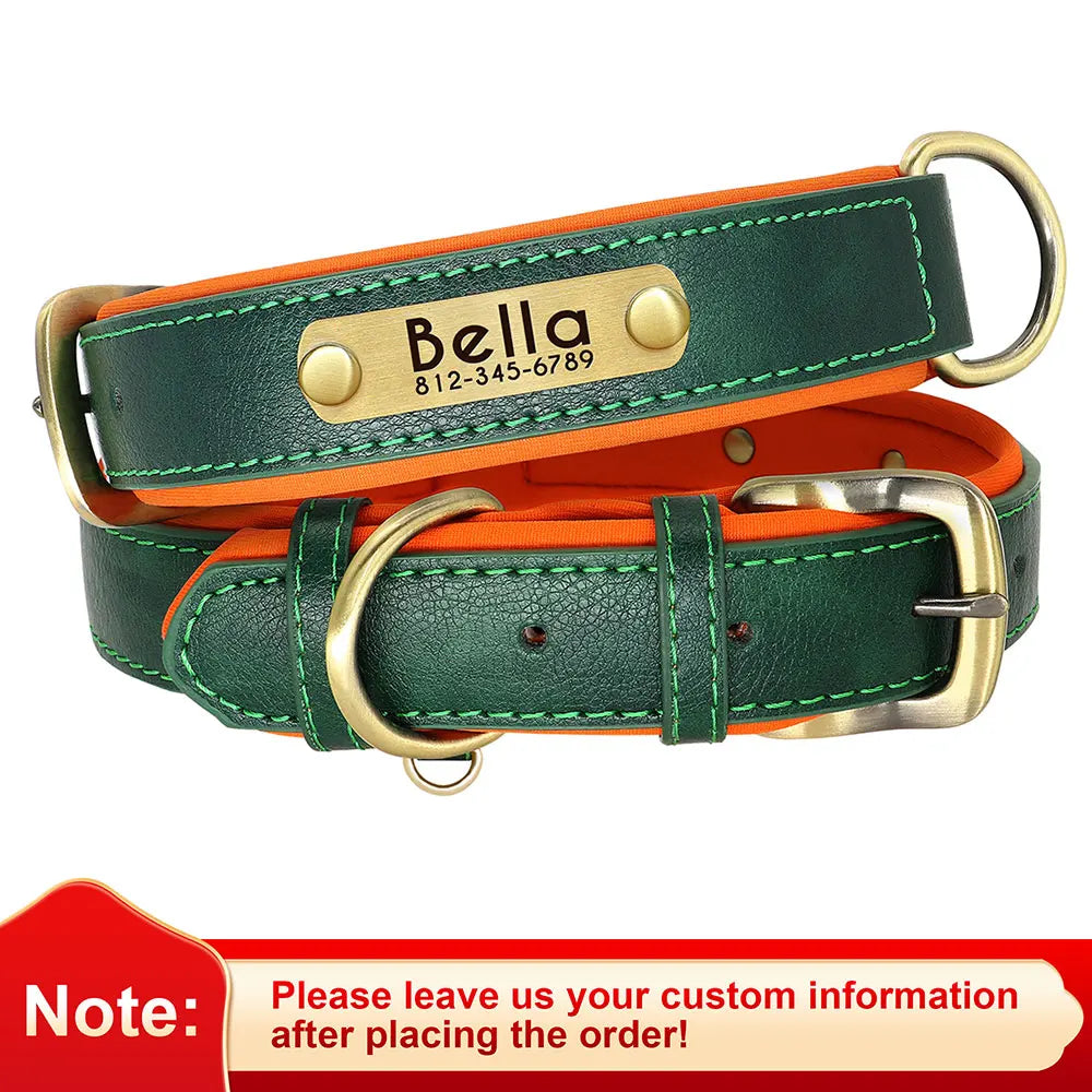 Custom PU Leather Dog Collar with Engraved Nameplate Adjustable Padded