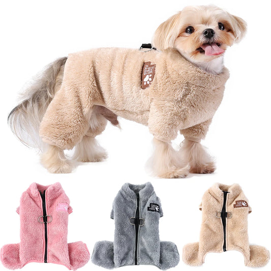 Soft Fleece Winter Dog Jumpsuit with D‑Ring Zipper for Small & Medium Dogs