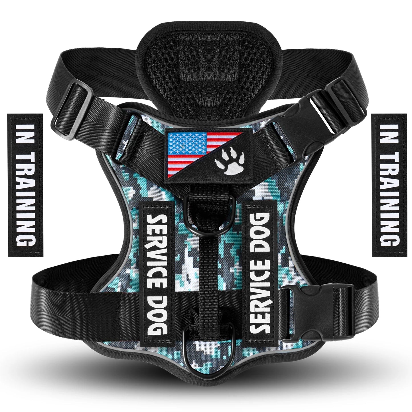 Adjustable Reflective Service Dog Harness Vest with 5 Patches Mesh