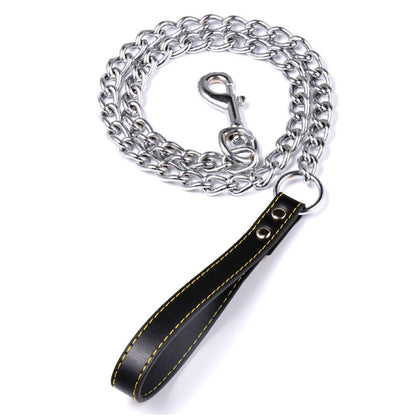 Metal Chain Dog Lead With Leather Style Handle Strong Control
