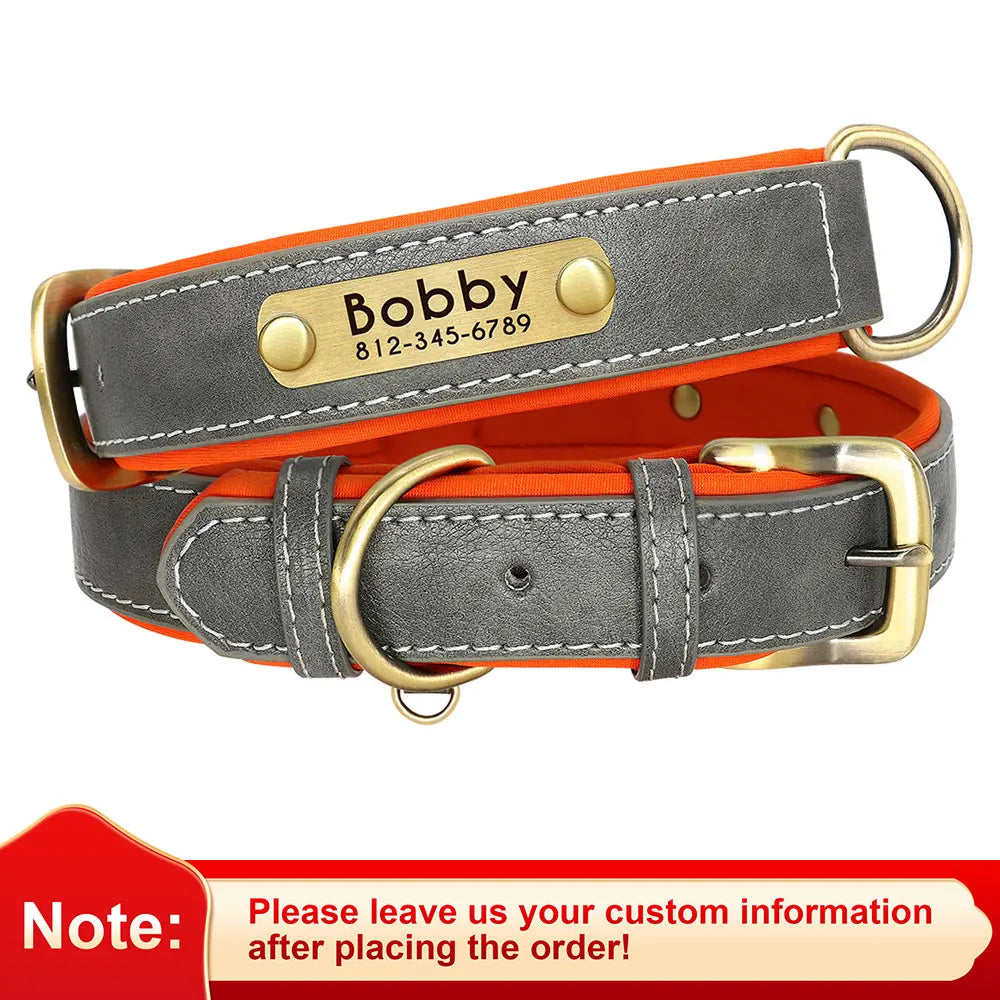 Custom PU Leather Dog Collar with Engraved Nameplate Adjustable Padded