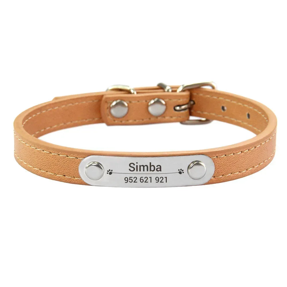 Personalized PU Leather Dog Collar with Carved Name ID for Small to Large Dogs
