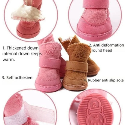 4‑Pack Lamb Fleece Snow Boots Plush Warm Non‑Slip Dog Shoes