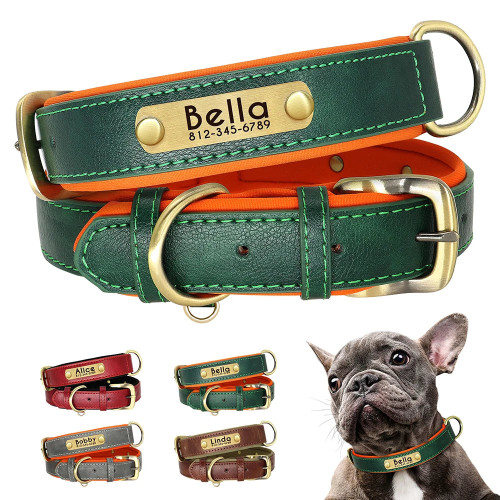 Custom PU Leather Dog Collar with Engraved Nameplate Adjustable Padded