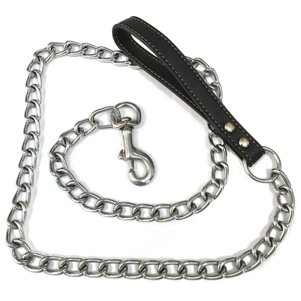 Metal Chain Dog Lead With Leather Style Handle Strong Control