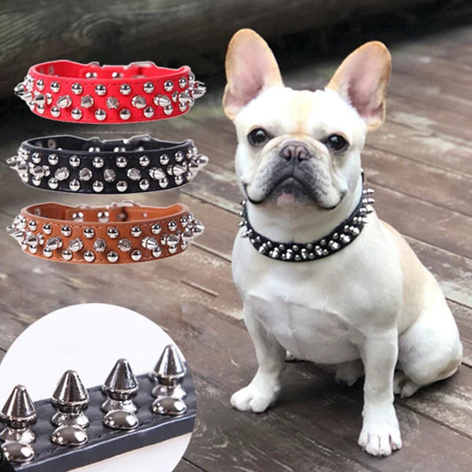 Adjustable PU Leather Spiked Dog Collar for Small Dogs & Cats
