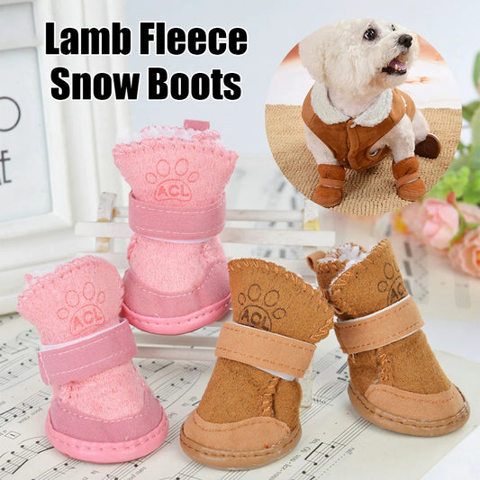 4‑Pack Lamb Fleece Snow Boots Plush Warm Non‑Slip Dog Shoes