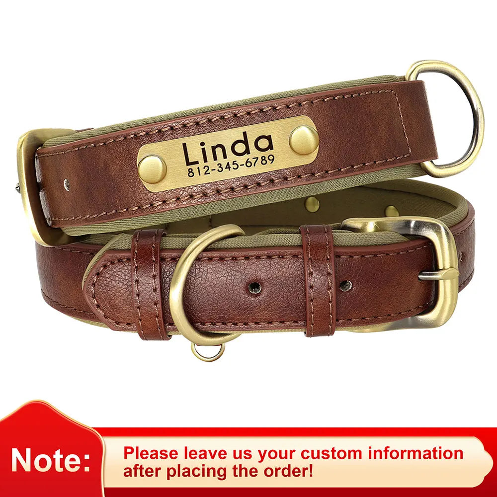 Custom PU Leather Dog Collar with Engraved Nameplate Adjustable Padded