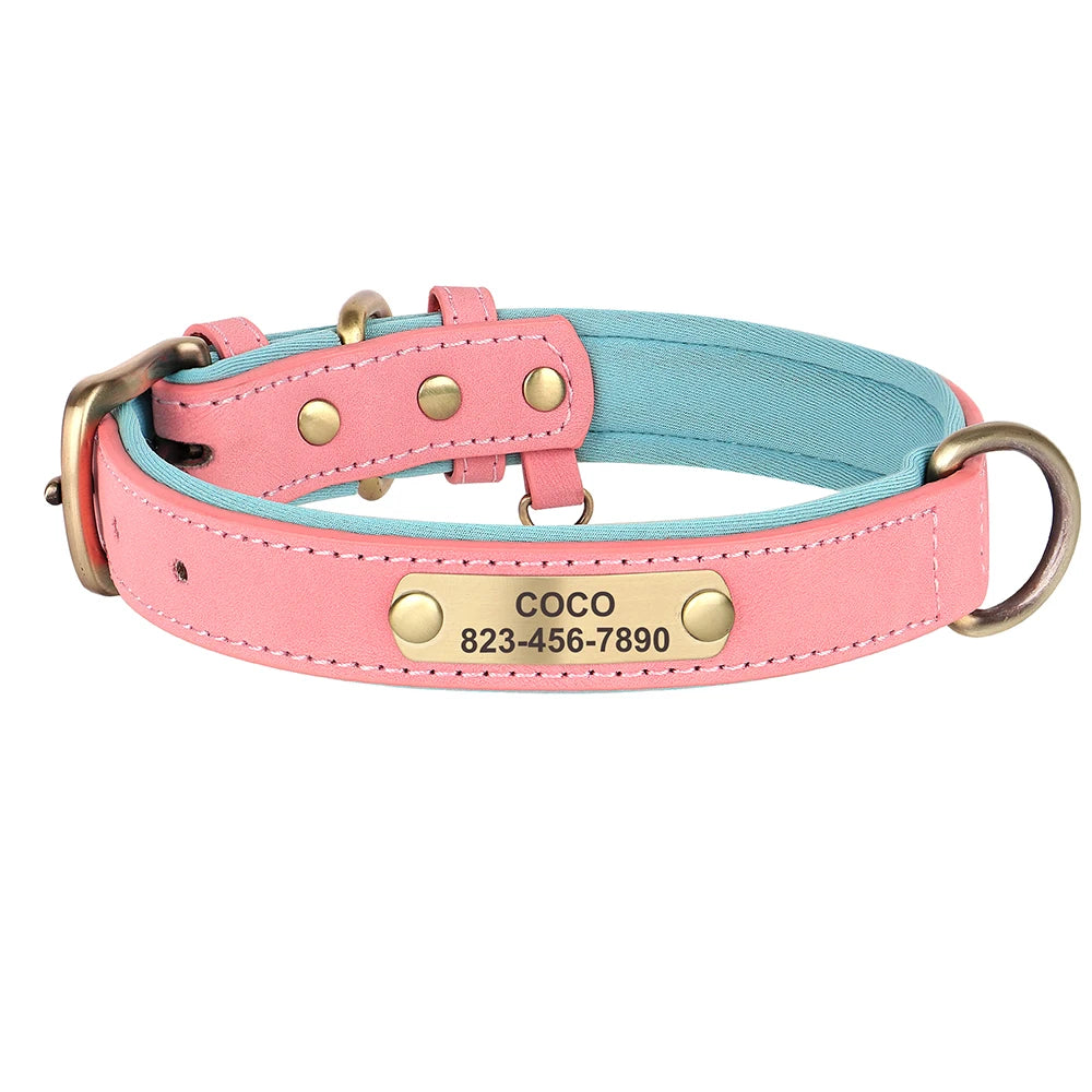 Personalized PU Leather Dog Collar with Engraved ID Nameplate Padded