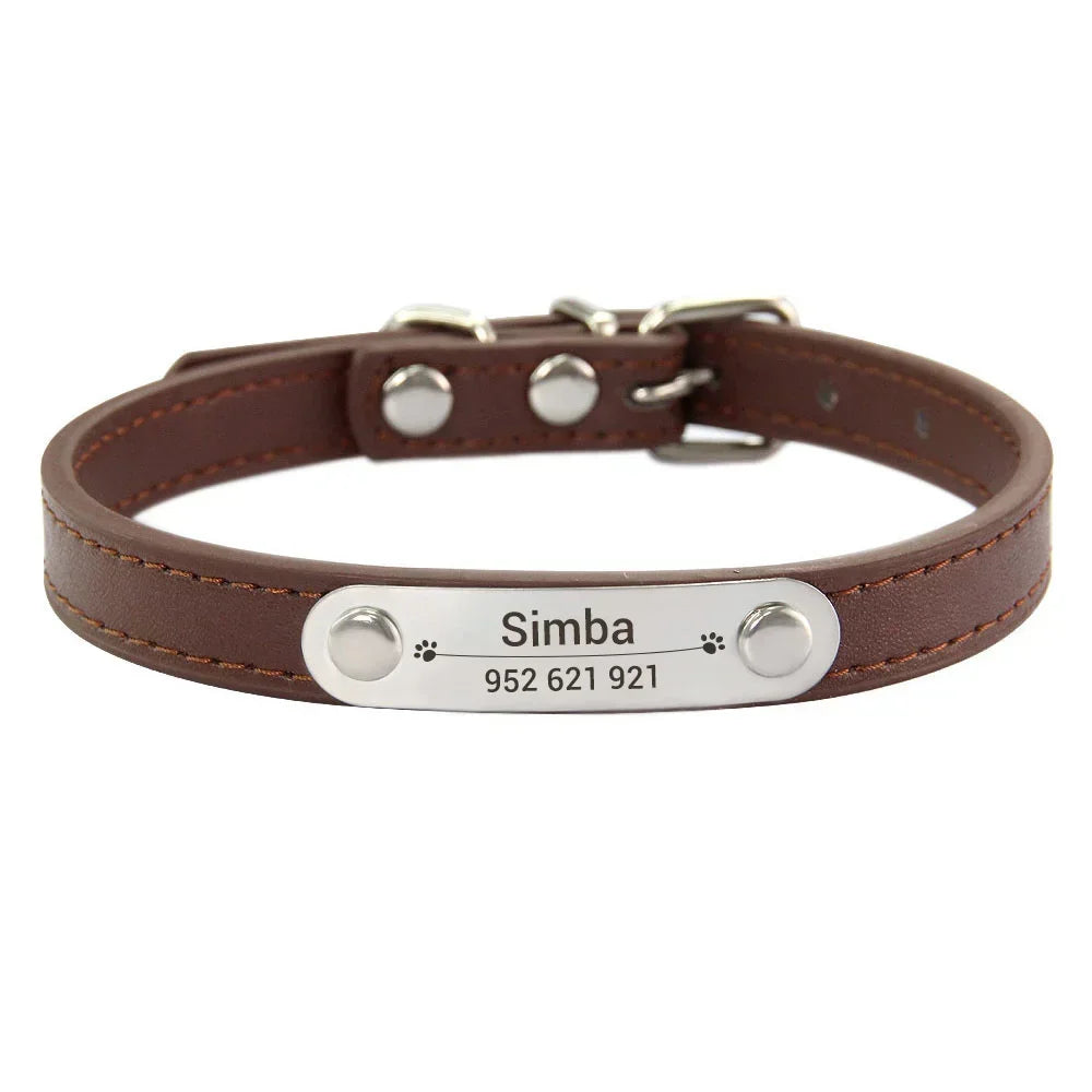 Personalized PU Leather Dog Collar with Carved Name ID for Small to Large Dogs