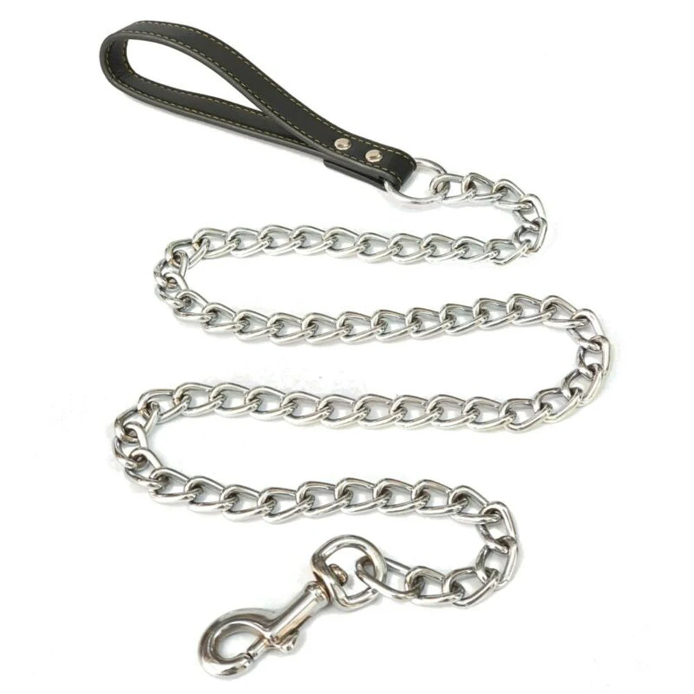 Metal Chain Dog Lead With Leather Style Handle Strong Control