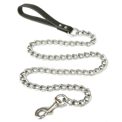 Metal Chain Dog Lead With Leather Style Handle Strong Control