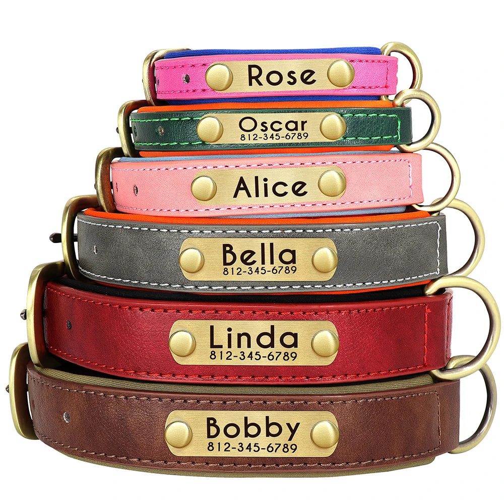 Custom PU Leather Dog Collar with Engraved Nameplate Adjustable Padded