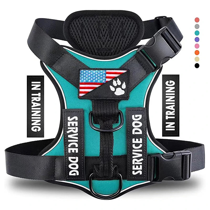 Adjustable Reflective Service Dog Harness Vest with 5 Patches Mesh