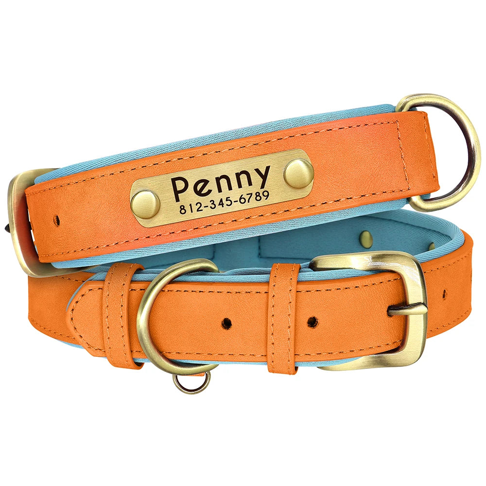 Custom PU Leather Dog Collar with Engraved Nameplate Adjustable Padded