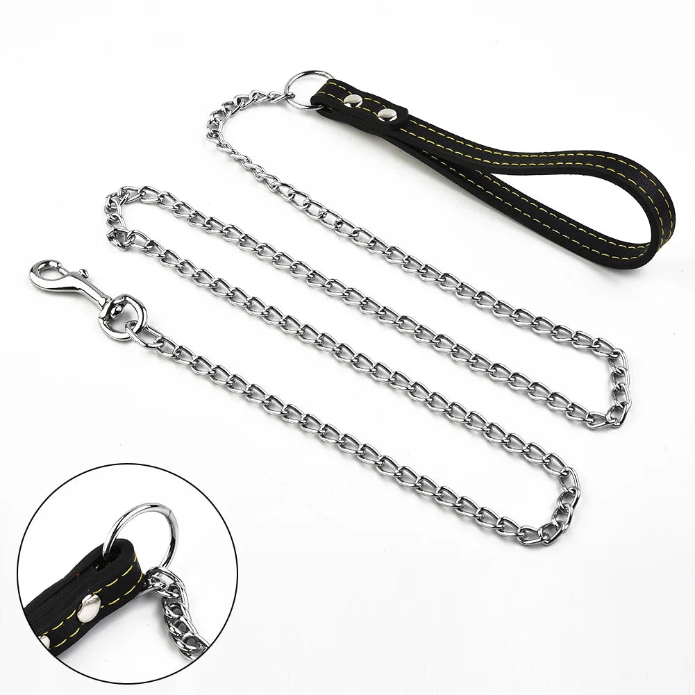 Metal Chain Dog Lead With Leather Style Handle Strong Control