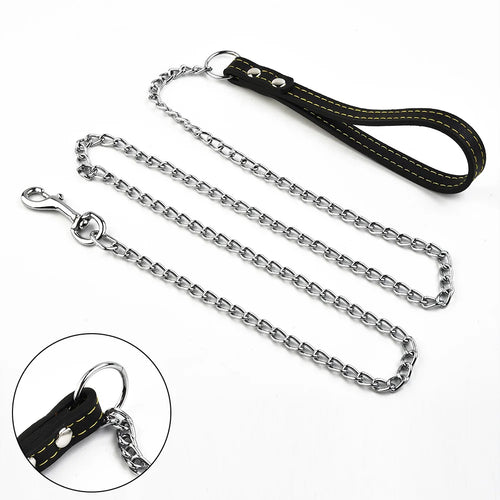 Metal Chain Dog Lead With Leather Style Handle Strong Control