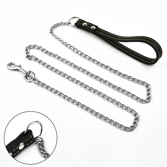Metal Chain Dog Lead With Leather Style Handle Strong Control
