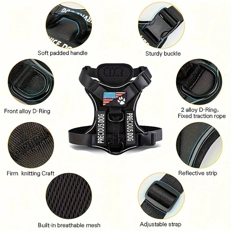 Adjustable Reflective Service Dog Harness Vest with 5 Patches Mesh