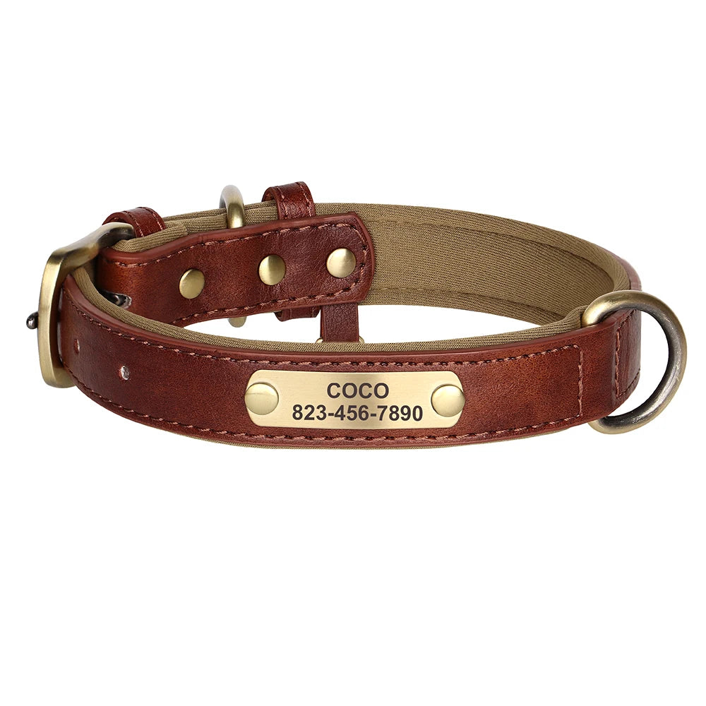 Personalized PU Leather Dog Collar with Engraved ID Nameplate Padded