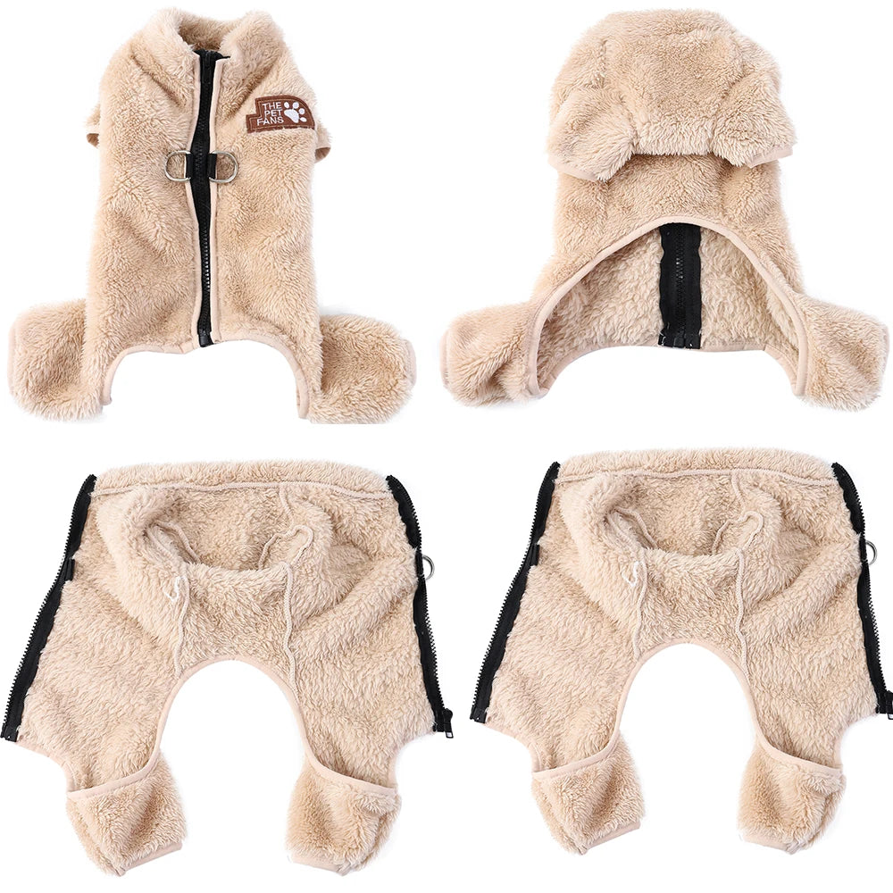 Soft Fleece Winter Dog Jumpsuit with D‑Ring Zipper for Small & Medium Dogs