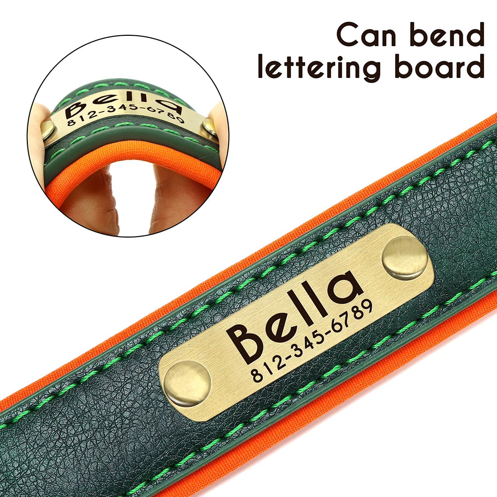 Custom PU Leather Dog Collar with Engraved Nameplate Adjustable Padded