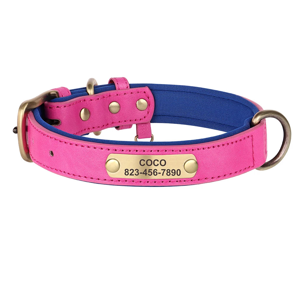Personalized PU Leather Dog Collar with Engraved ID Nameplate Padded